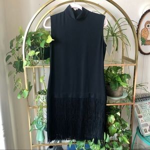 Vintage Black Fringe Hem Sleeveless Mock Neck Party Dress